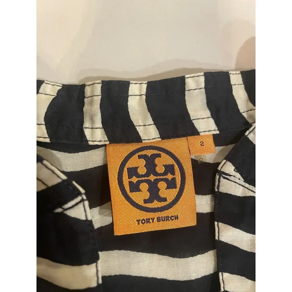 Tory Burch Sequined Tunic Top Navy White Striped Long Sleeve Blouse Popover 2 XS